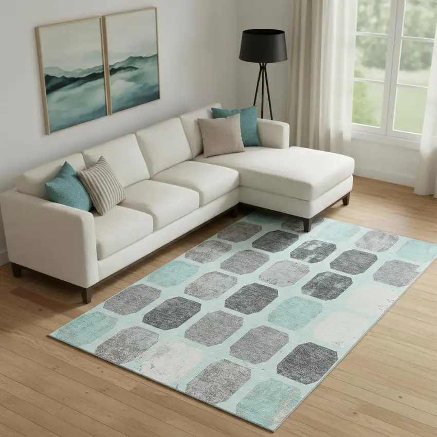 Teal Gray And Ivory Geometric Washable Area Rug With UV Protection Photo 2