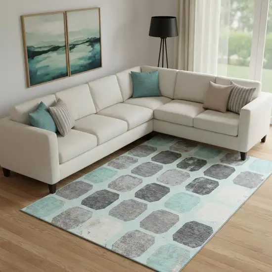 Teal Gray And Ivory Geometric Washable Area Rug With UV Protection Photo 2