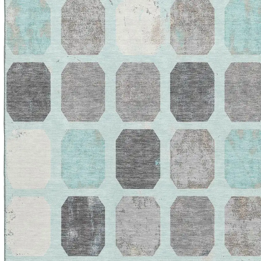 Teal Gray And Ivory Geometric Washable Area Rug With UV Protection Photo 4
