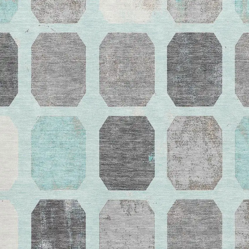 Teal Gray And Ivory Geometric Washable Area Rug With UV Protection Photo 3