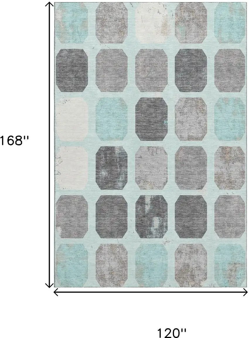 Teal Gray And Ivory Geometric Washable Area Rug With UV Protection Photo 9