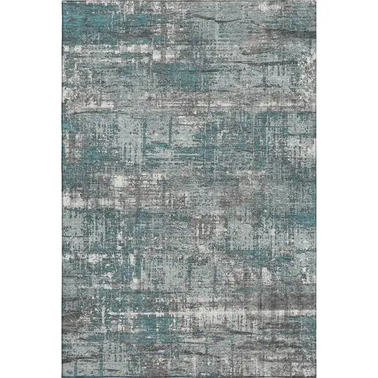 Teal Gray And Ivory Geometric Washable Area Rug With UV Protection Photo 1