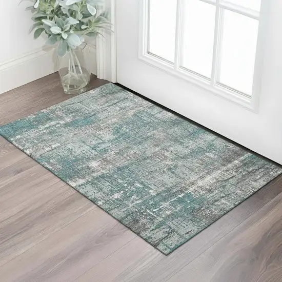 Teal Gray And Ivory Geometric Washable Area Rug With UV Protection Photo 2