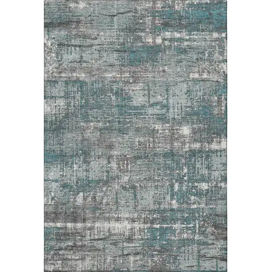 Teal Gray And Ivory Geometric Washable Area Rug With UV Protection Photo 4