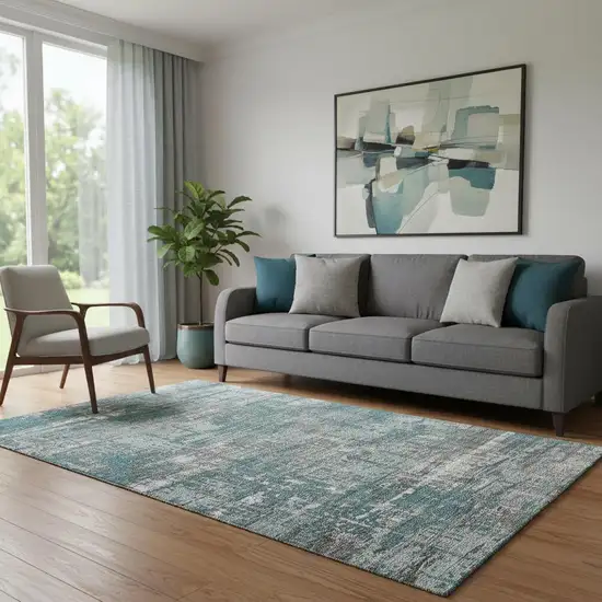 Teal Gray And Ivory Geometric Washable Area Rug With UV Protection Photo 2