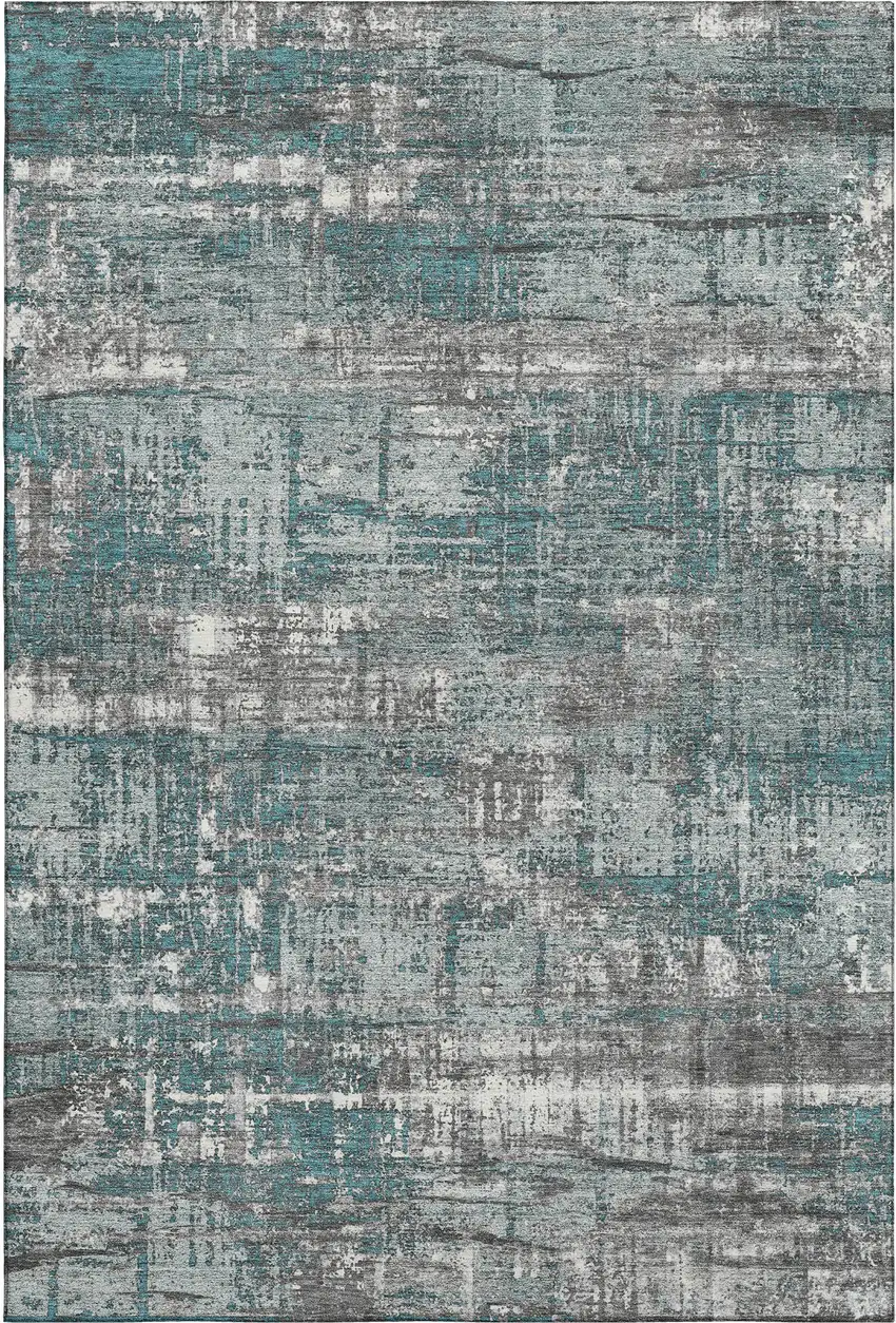 Teal Gray And Ivory Geometric Washable Area Rug With UV Protection Photo 1