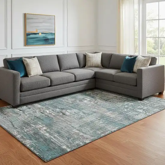 Teal Gray And Ivory Geometric Washable Area Rug With UV Protection Photo 2