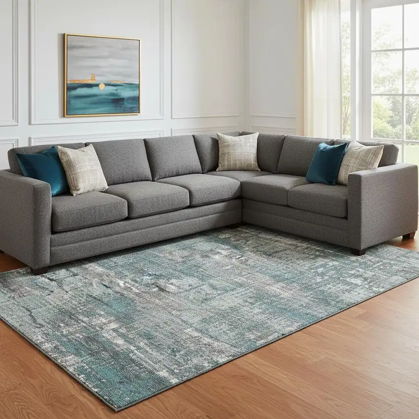 Teal Gray And Ivory Geometric Washable Area Rug With UV Protection Photo 2