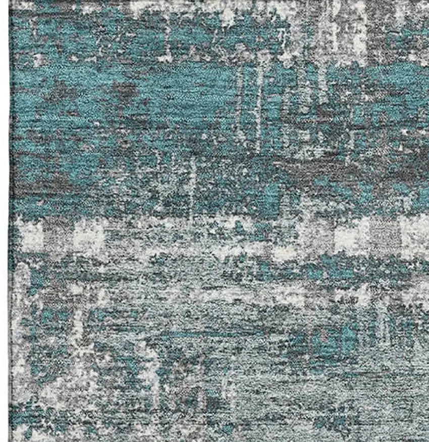 Teal Gray And Ivory Geometric Washable Area Rug With UV Protection Photo 3