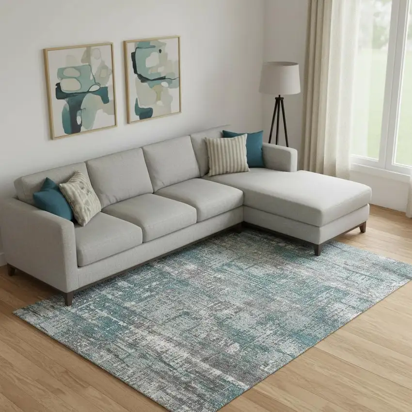 Teal Gray And Ivory Geometric Washable Area Rug With UV Protection Photo 2