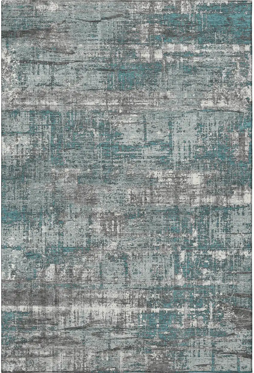 Teal Gray And Ivory Geometric Washable Area Rug With UV Protection Photo 4