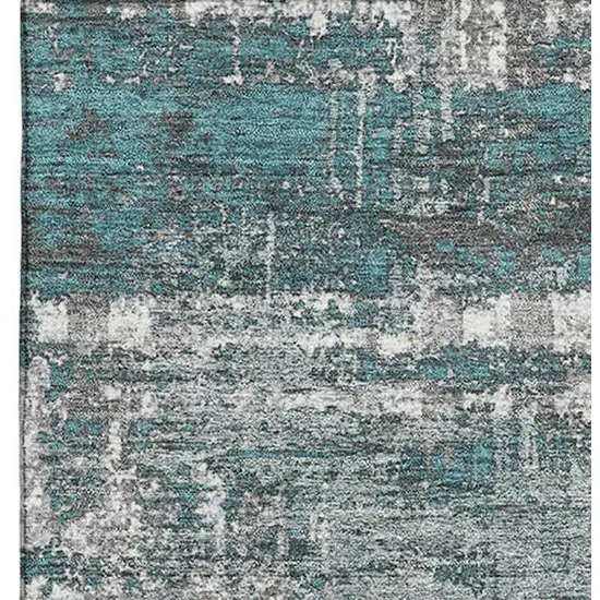 Teal Gray And Ivory Geometric Washable Area Rug With UV Protection Photo 3