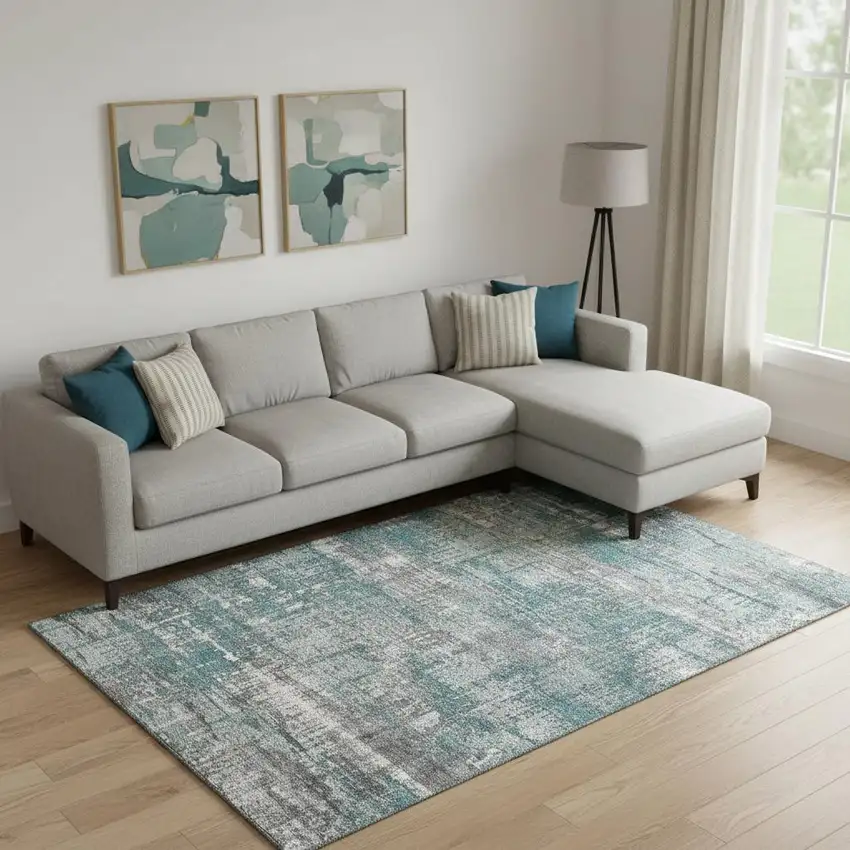 Teal Gray And Ivory Geometric Washable Area Rug With UV Protection Photo 2