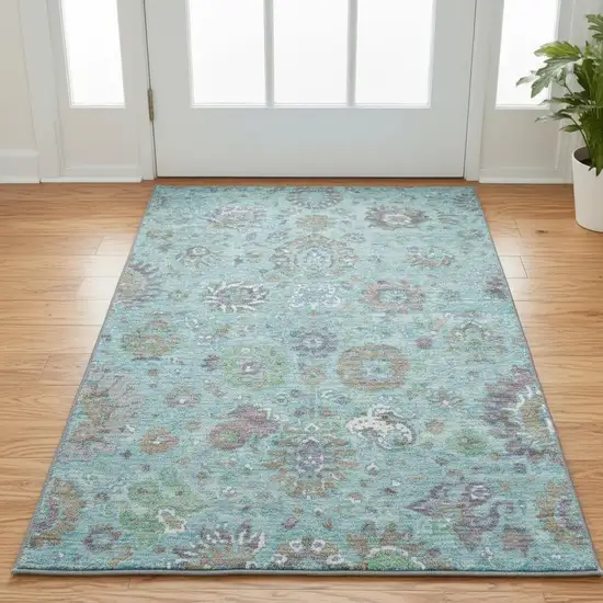 Teal Gray And Ivory Oriental Washable Area Rug With UV Protection Photo 2