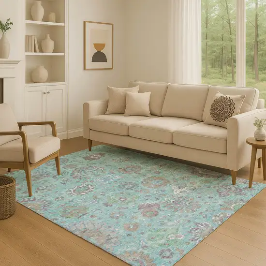 Teal Gray And Ivory Oriental Washable Area Rug With UV Protection Photo 5
