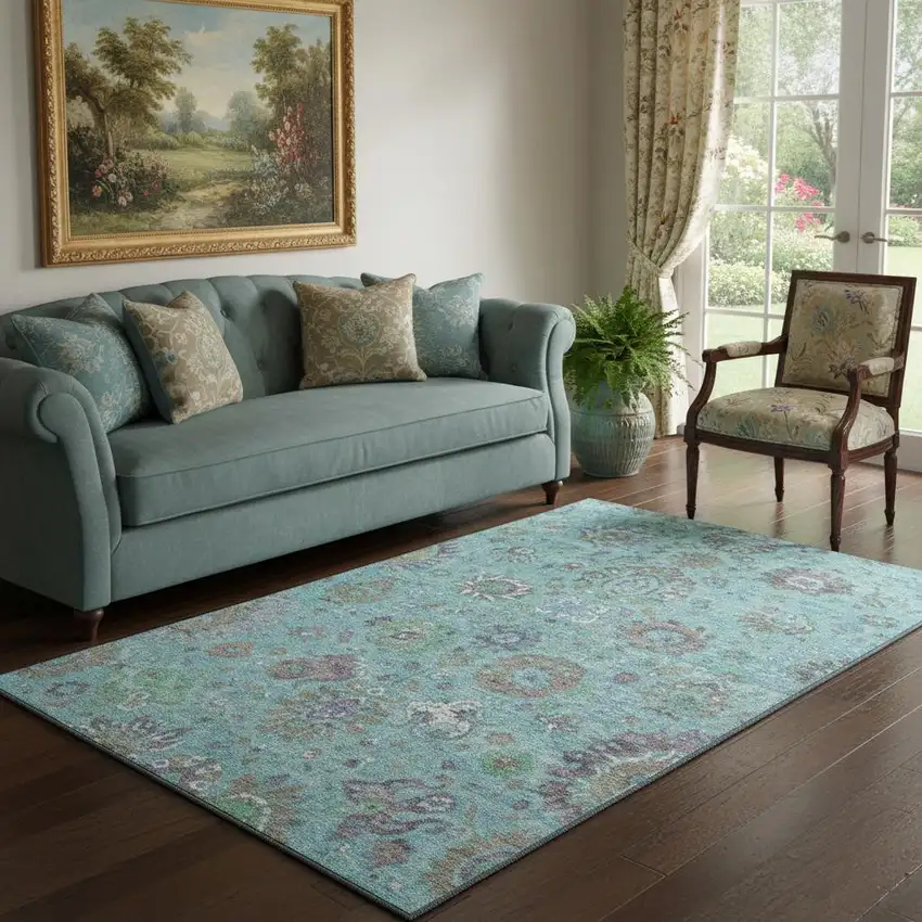 Teal Gray And Ivory Oriental Washable Area Rug With UV Protection Photo 2