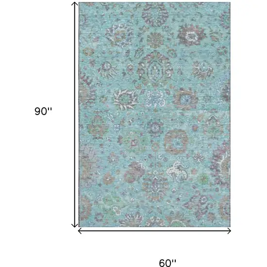 Teal Gray And Ivory Oriental Washable Area Rug With UV Protection Photo 9