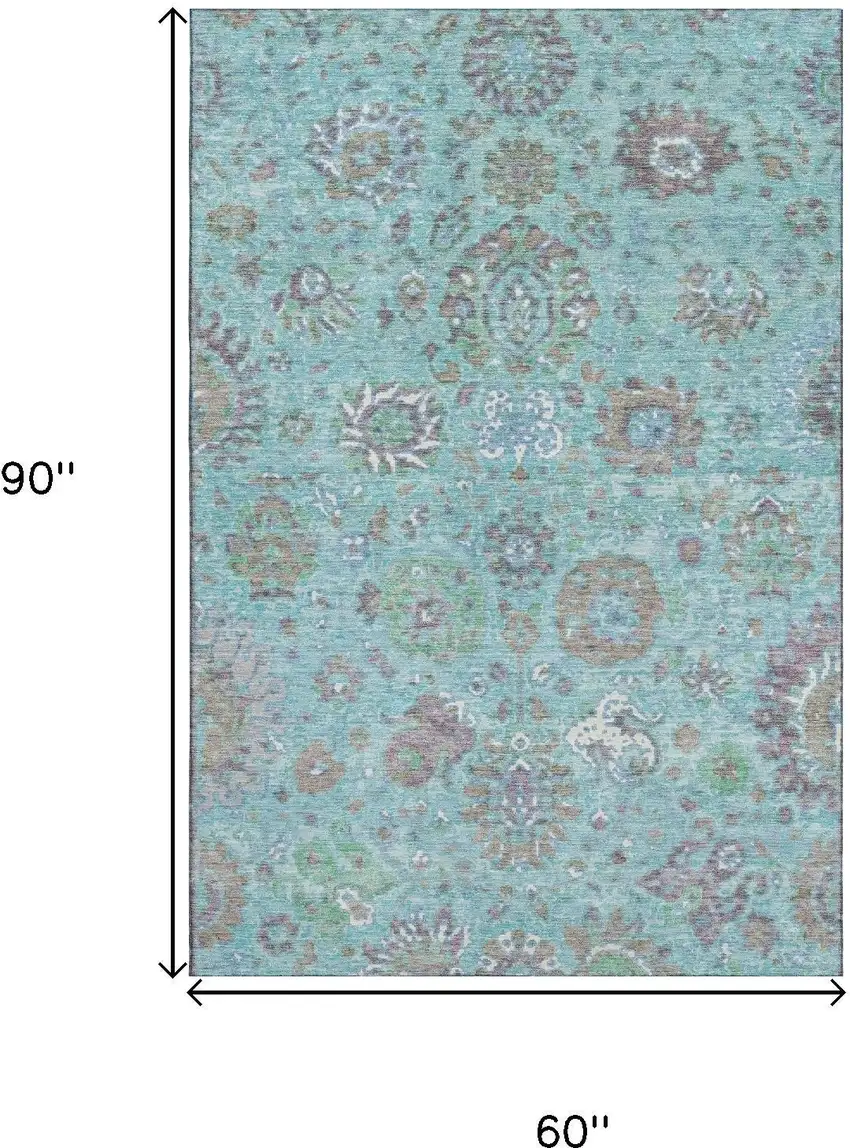 Teal Gray And Ivory Oriental Washable Area Rug With UV Protection Photo 9