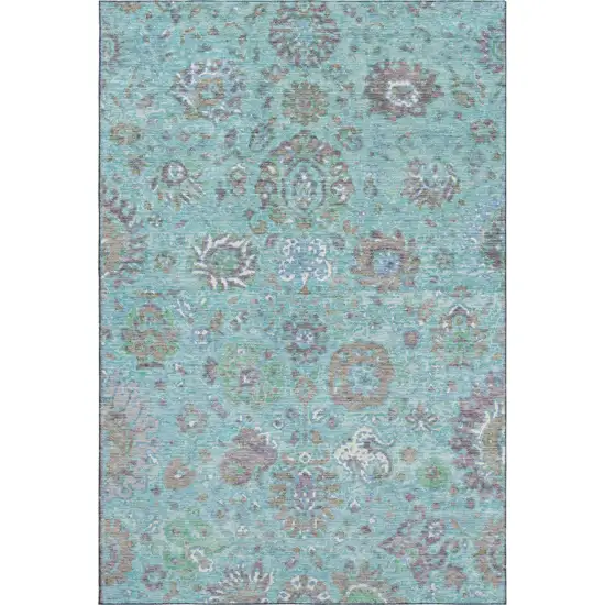 Teal Gray And Ivory Oriental Washable Area Rug With UV Protection Photo 1