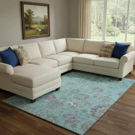 Teal Gray And Ivory Oriental Washable Area Rug With UV Protection Photo 2