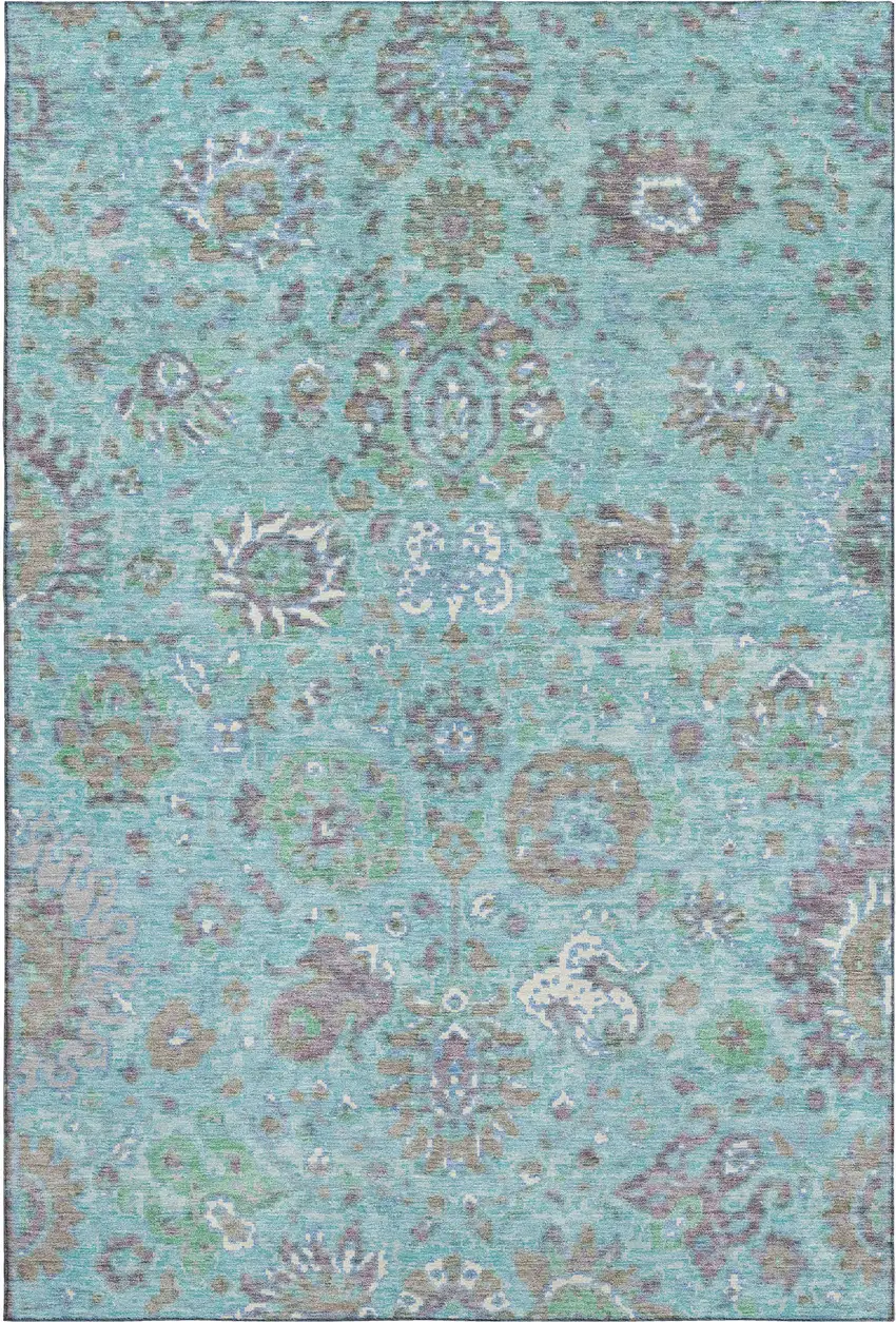 Teal Gray And Ivory Oriental Washable Area Rug With UV Protection Photo 1