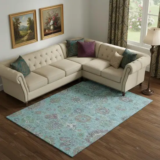 Teal Gray And Ivory Oriental Washable Area Rug With UV Protection Photo 2