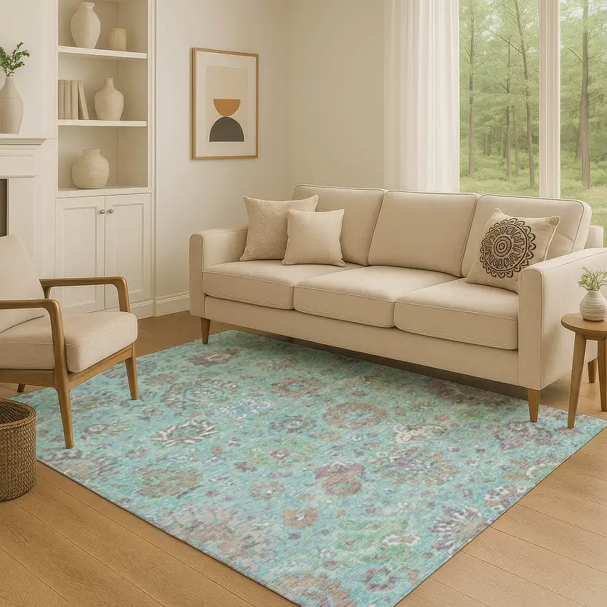 Teal Gray And Ivory Oriental Washable Area Rug With UV Protection Photo 5