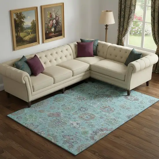 Teal Gray And Ivory Oriental Washable Area Rug With UV Protection Photo 2