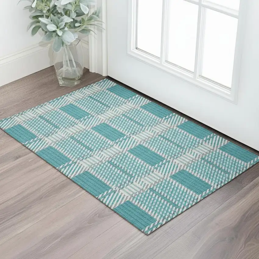 Teal Gray And Ivory Plaid Washable Area Rug With UV Protection Photo 2