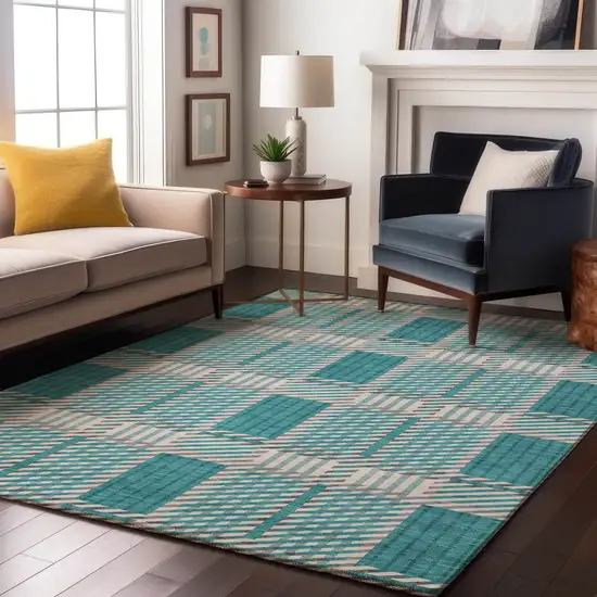 Teal Gray And Ivory Plaid Washable Area Rug With UV Protection Photo 4