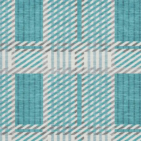 Teal Gray And Ivory Plaid Washable Area Rug With UV Protection Photo 2
