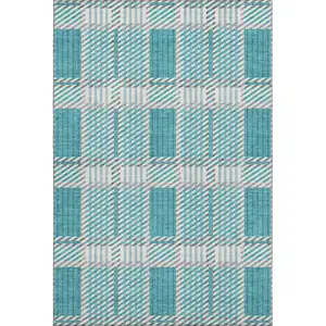 Photo of Teal Gray And Ivory Plaid Washable Area Rug With UV Protection