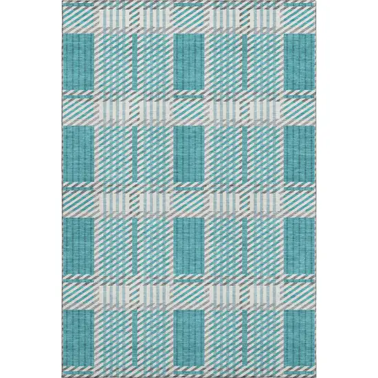 Teal Gray And Ivory Plaid Washable Area Rug With UV Protection Photo 1