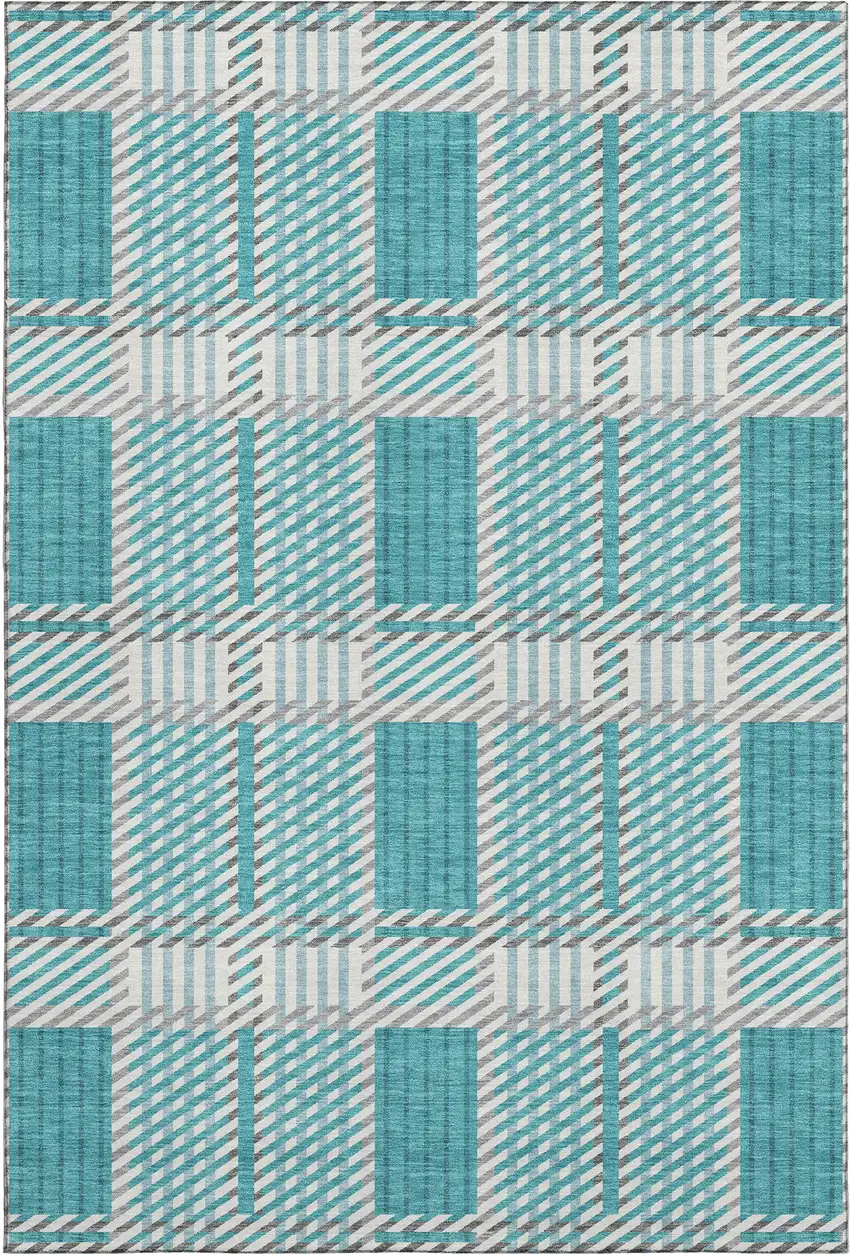 Teal Gray And Ivory Plaid Washable Area Rug With UV Protection Photo 1