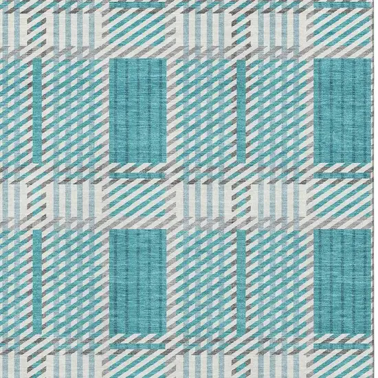 Teal Gray And Ivory Plaid Washable Area Rug With UV Protection Photo 2