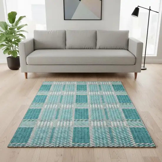 Teal Gray And Ivory Plaid Washable Area Rug With UV Protection Photo 2