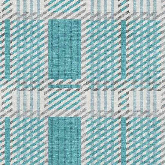 Teal Gray And Ivory Plaid Washable Area Rug With UV Protection Photo 2