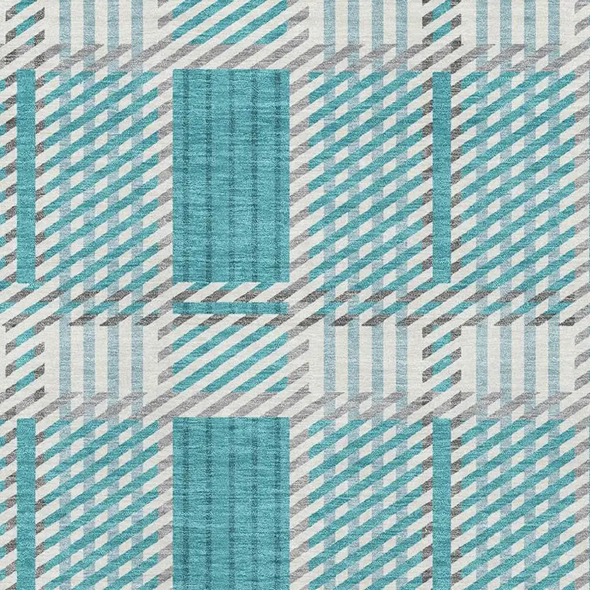Teal Gray And Ivory Plaid Washable Area Rug With UV Protection Photo 2
