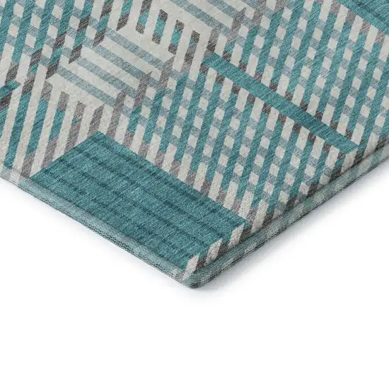 Teal Gray And Ivory Plaid Washable Area Rug With UV Protection Photo 7