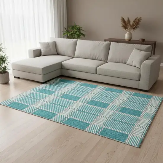 Teal Gray And Ivory Plaid Washable Area Rug With UV Protection Photo 1