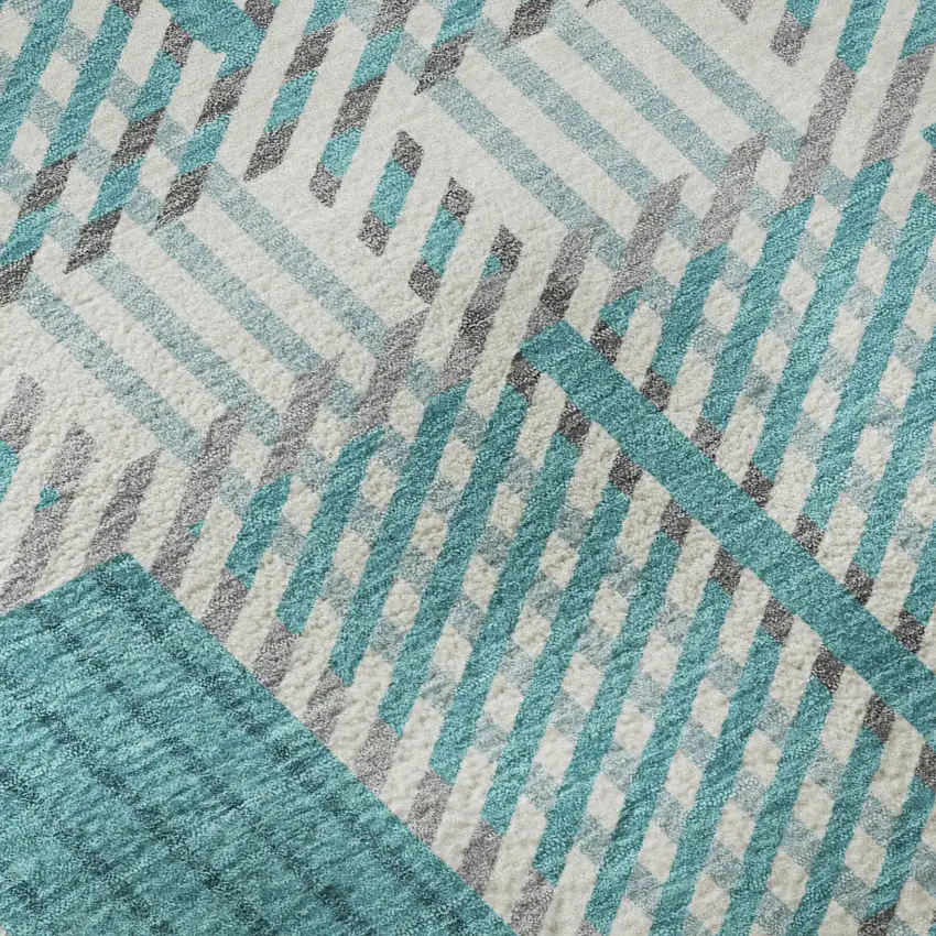 Teal Gray And Ivory Plaid Washable Area Rug With UV Protection Photo 9