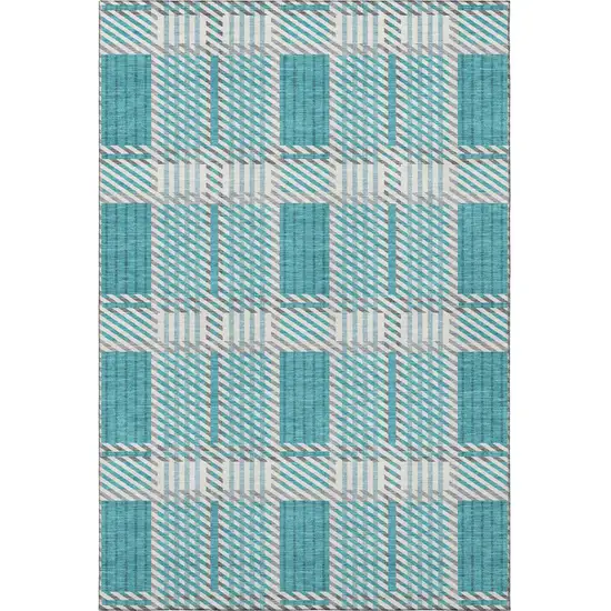 Teal Gray And Ivory Plaid Washable Area Rug With UV Protection Photo 3