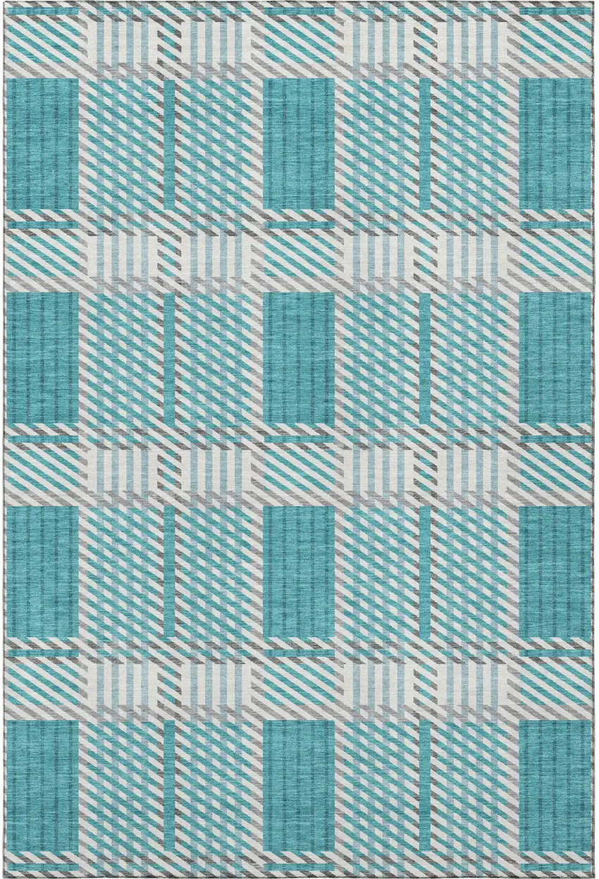 Teal Gray And Ivory Plaid Washable Area Rug With UV Protection Photo 3