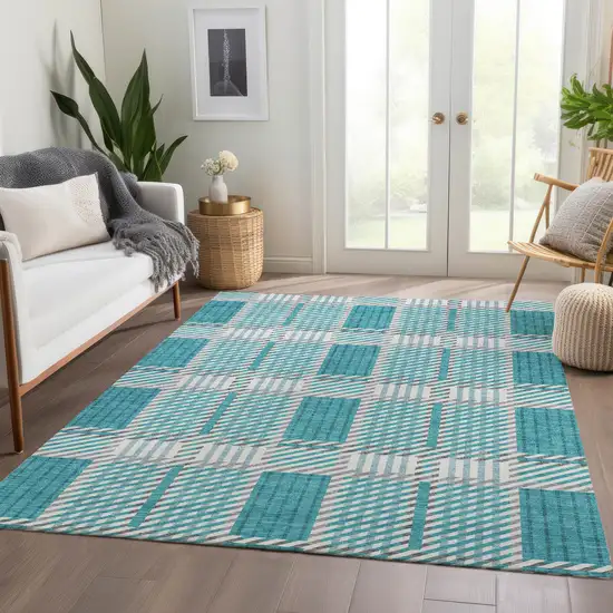 Teal Gray And Ivory Plaid Washable Area Rug With UV Protection Photo 5