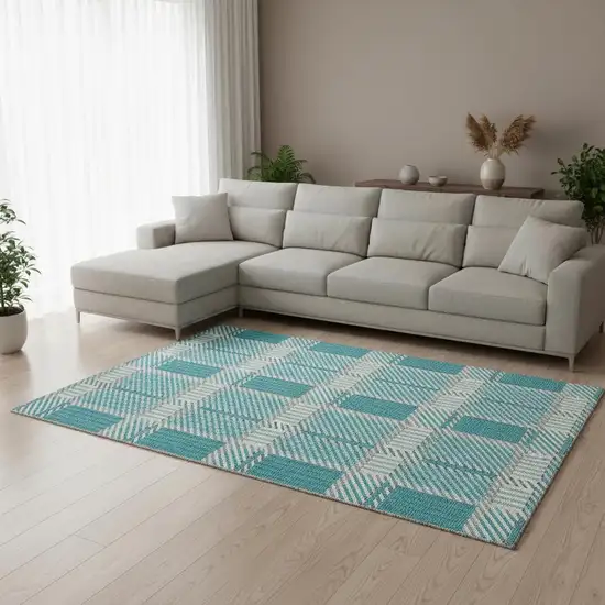 Teal Gray And Ivory Plaid Washable Area Rug With UV Protection Photo 2