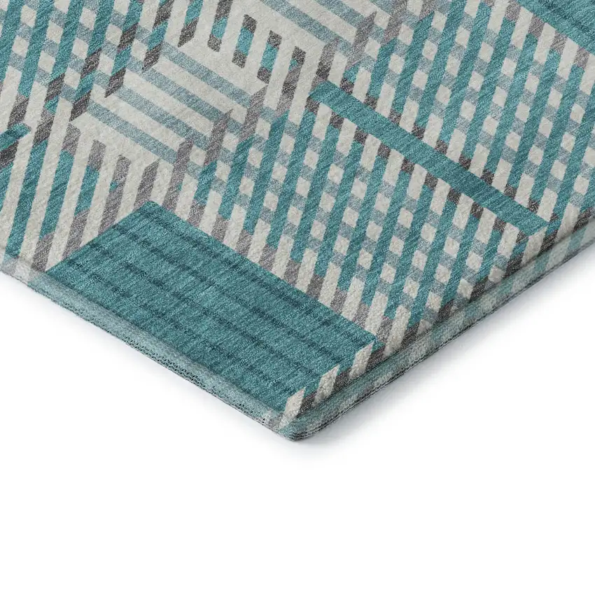 Teal Gray And Ivory Plaid Washable Area Rug With UV Protection Photo 7