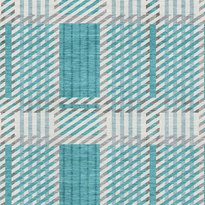 Teal Gray And Ivory Plaid Washable Area Rug With UV Protection Photo 2