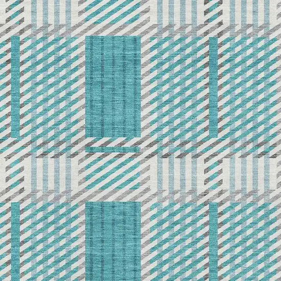 Teal Gray And Ivory Plaid Washable Area Rug With UV Protection Photo 2