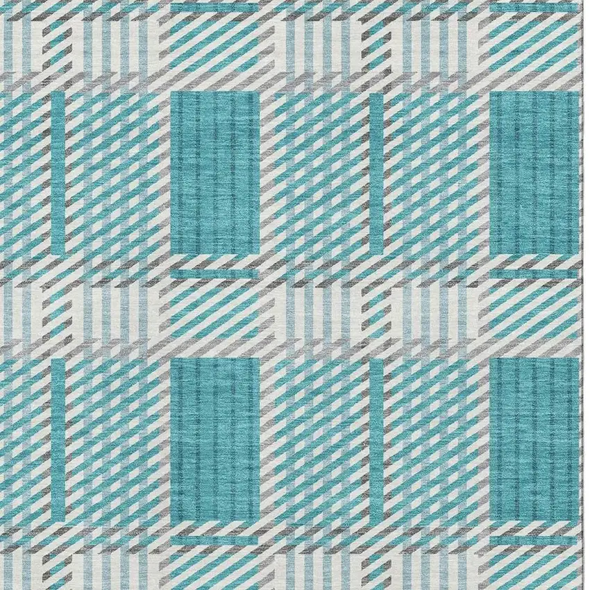 Teal Gray And Ivory Plaid Washable Area Rug With UV Protection Photo 3