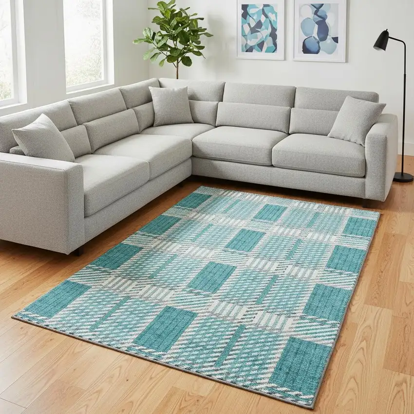 Teal Gray And Ivory Plaid Washable Area Rug With UV Protection Photo 2